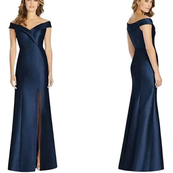 NWT Alfred Sung Off-The-shoulder Cuff Trumpet Gown Slit Midnight Navy Blue 6 - Picture 1 of 13